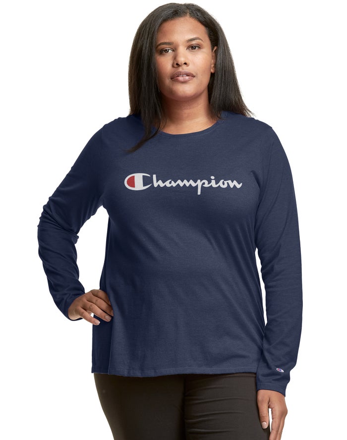 Champion Plus Classic Long-Sleeve Script Logo Kadın Tişört Lacivert ( BOETKR139 )